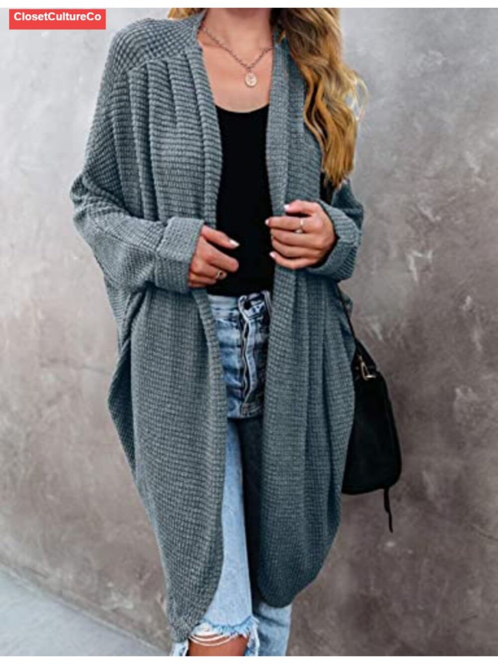 Oversized Waffle Knit Cardigan Dolman Sleeve Cocoon Sweater - Picture 3 of 6